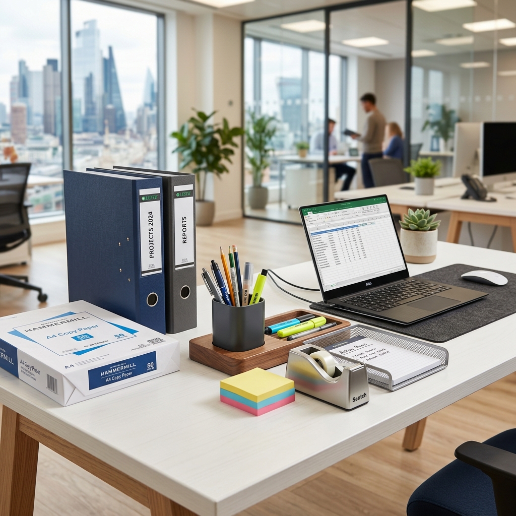 Professional office workspace with organized supplies