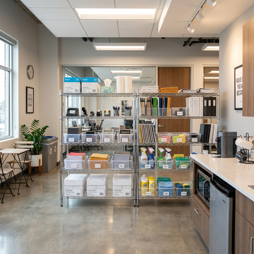 Well-stocked office supply room with organized shelves
